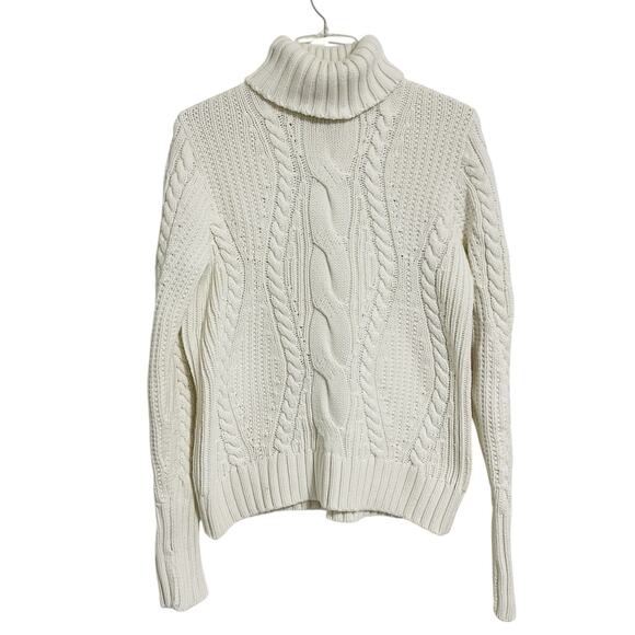 Land's End Cable Knit Fisherman Turtleneck Sweater Size L Ivory Cotton Classic - Picture 1 of 13